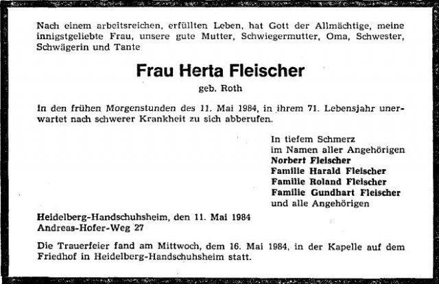 Roth Herta 1913-1984 Todesanzeige